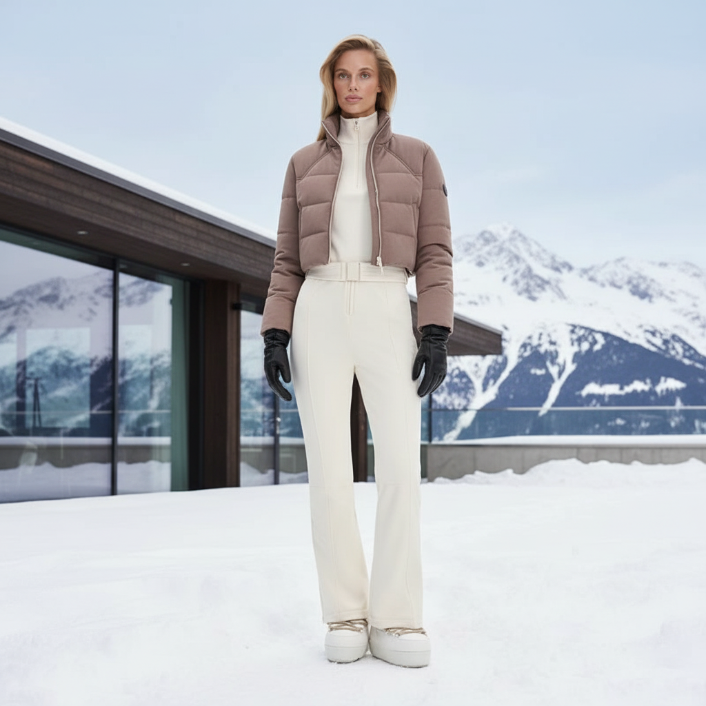 Pantalon De Ski Blanc Cassé Taille Haute Évasé Femme - Beige Maille