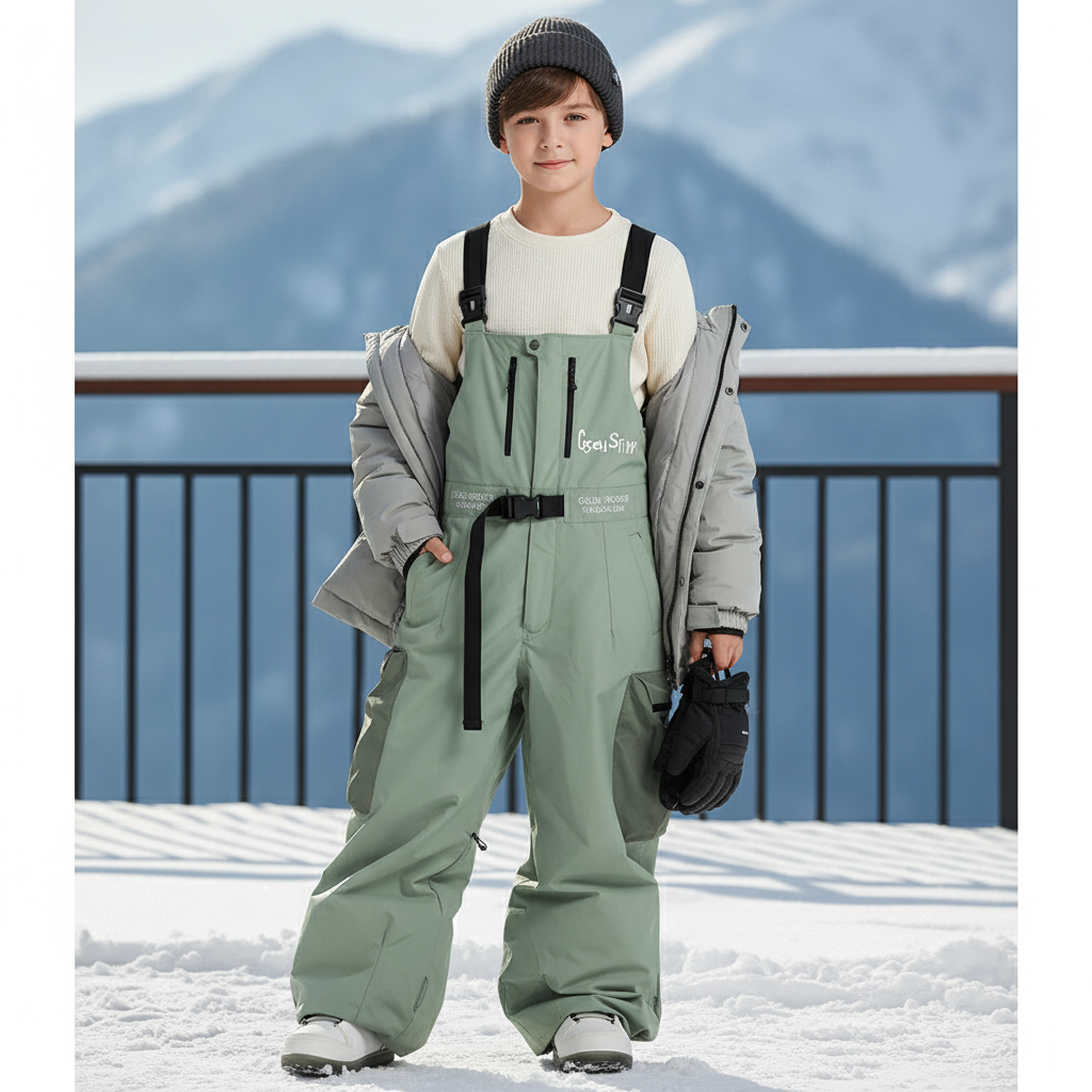 Pantalon De Ski Vert Ample Imperméable Bretelles Enfant Hiver - Polyester