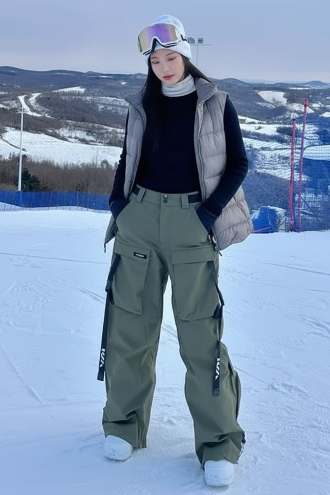 Pantalon De Ski Cargo Kaki Ample Imperméable Unisexe - Polyester