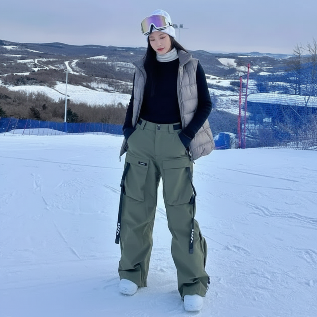 Pantalon De Ski Cargo Kaki Ample Imperméable Unisexe - Polyester