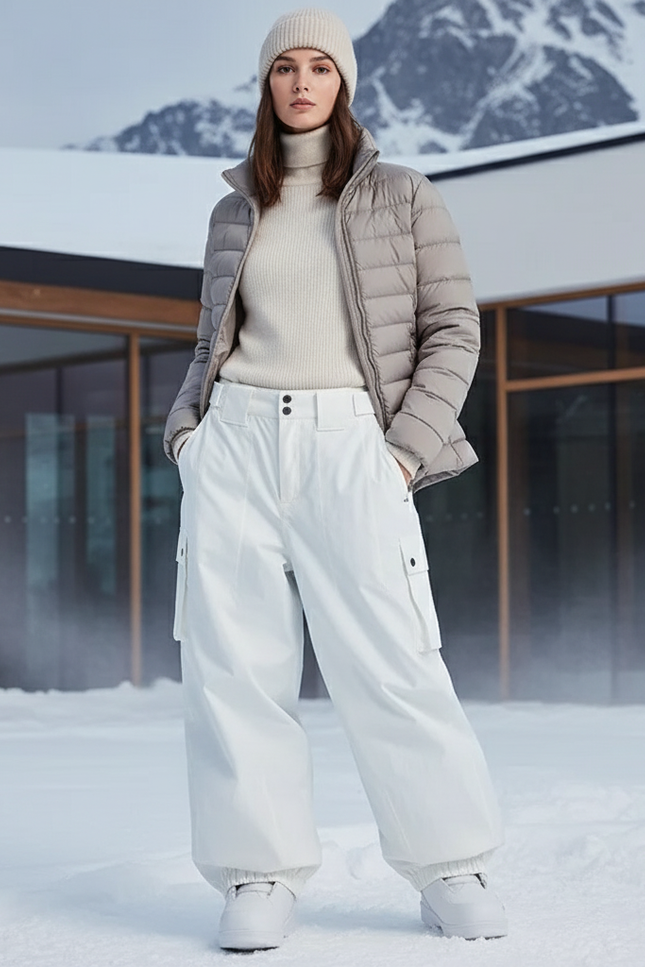 Pantalon De Ski Blanc Ample Cargo Imperméable Femme Hiver - Polyester
