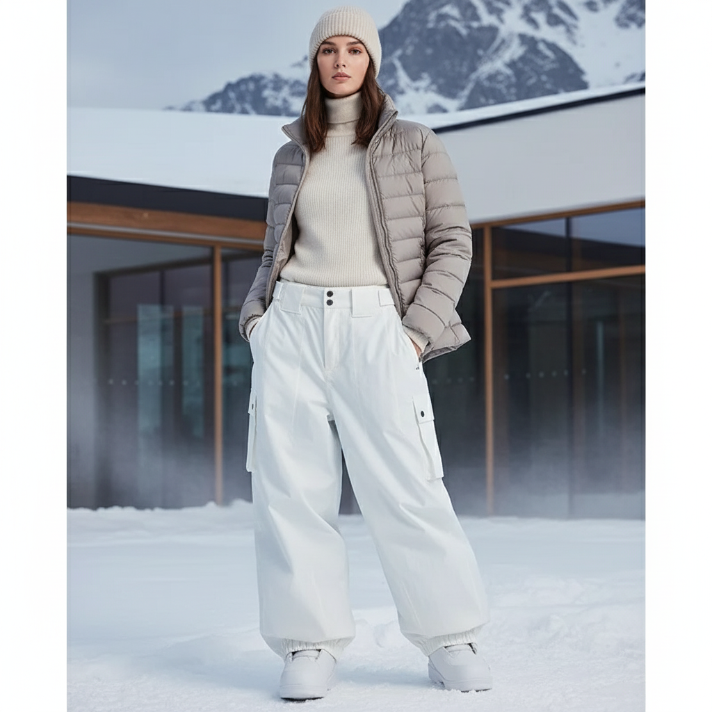 Pantalon De Ski Blanc Ample Cargo Imperméable Femme Hiver - Polyester