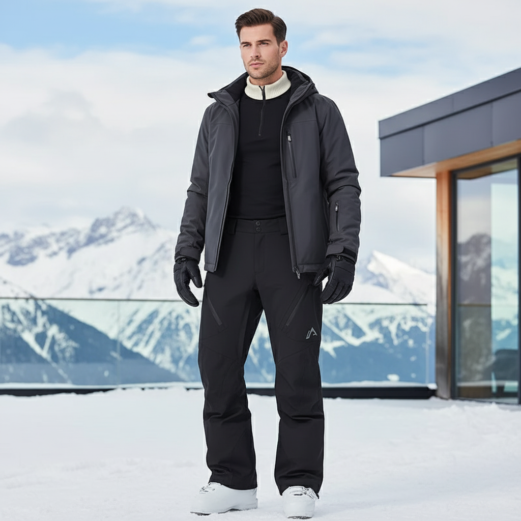 Pantalon De Ski Noir Imperméable Ample Coupe Droite Homme - Polyester