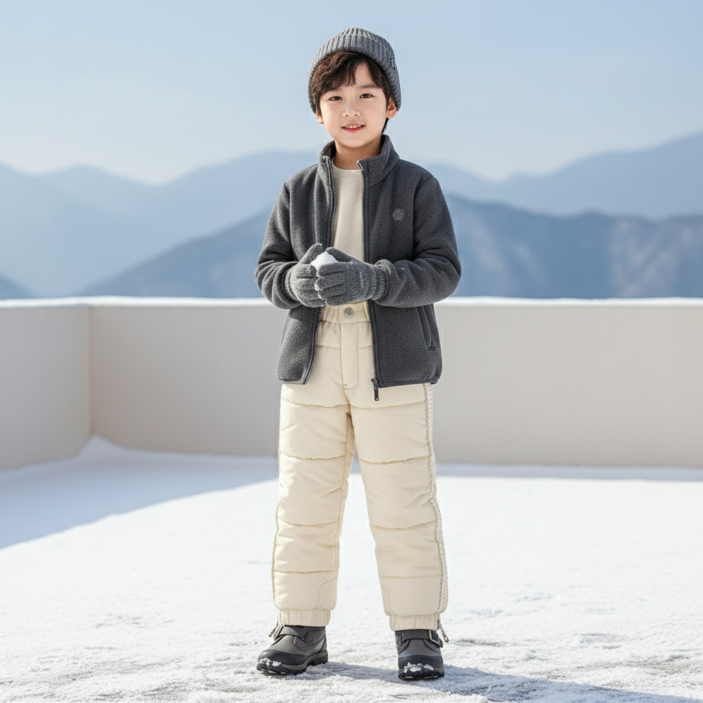 Pantalon De Ski Crème Matelassé Enfant Hiver Doublé Polaire - Beige Polyester