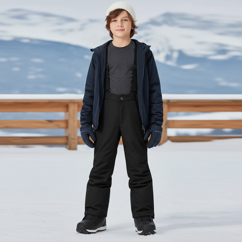Pantalon De Ski Noir Imperméable Enfant Bretelles Chaud - Polyester