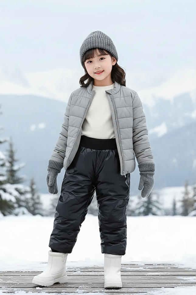 Pantalon De Ski Noir Brillant Imperméable Matelassé Enfant Hiver - Polyester