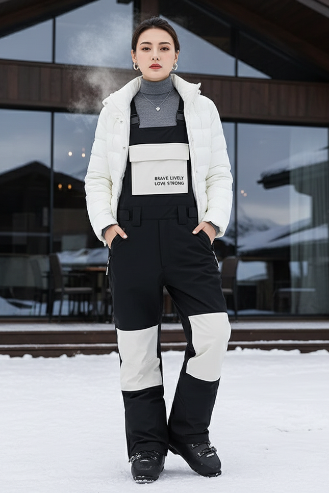 Pantalon De Ski Noir Blanc Bicolore Imperméable Bretelles Unisexe - Multicolore Polyester