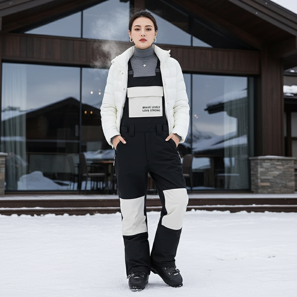 Pantalon De Ski Noir Blanc Bicolore Imperméable Bretelles Unisexe - Multicolore Polyester