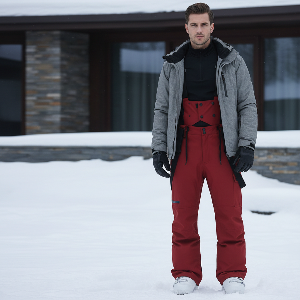 Pantalon De Ski Rouge Salopette Imperméable Chaud Homme - Polyester