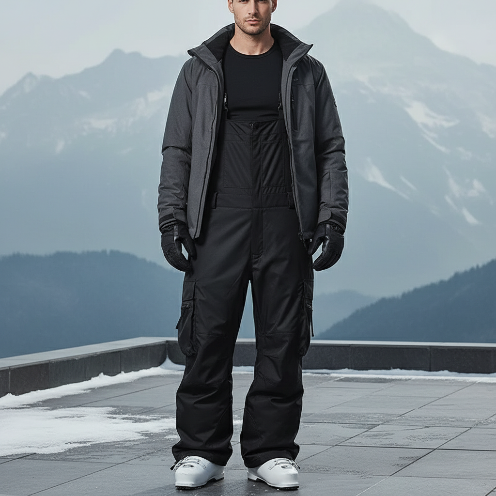 Pantalon De Ski Noir Cargo Ample Bretelles Homme - Polyester