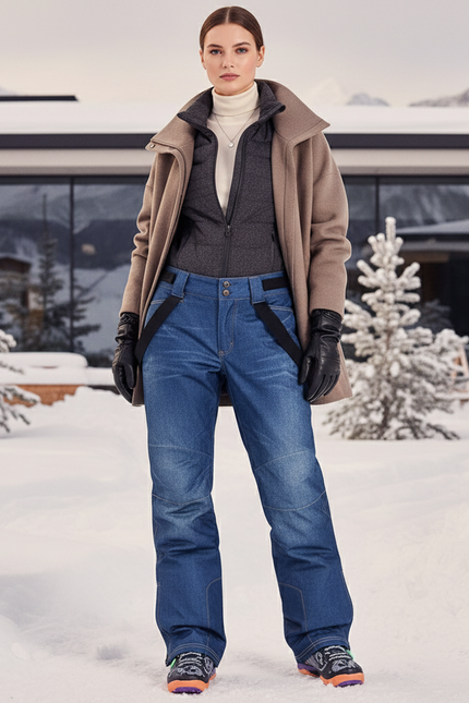 Pantalon De Ski Denim Imperméable Bretelles Femme - Bleu Jean