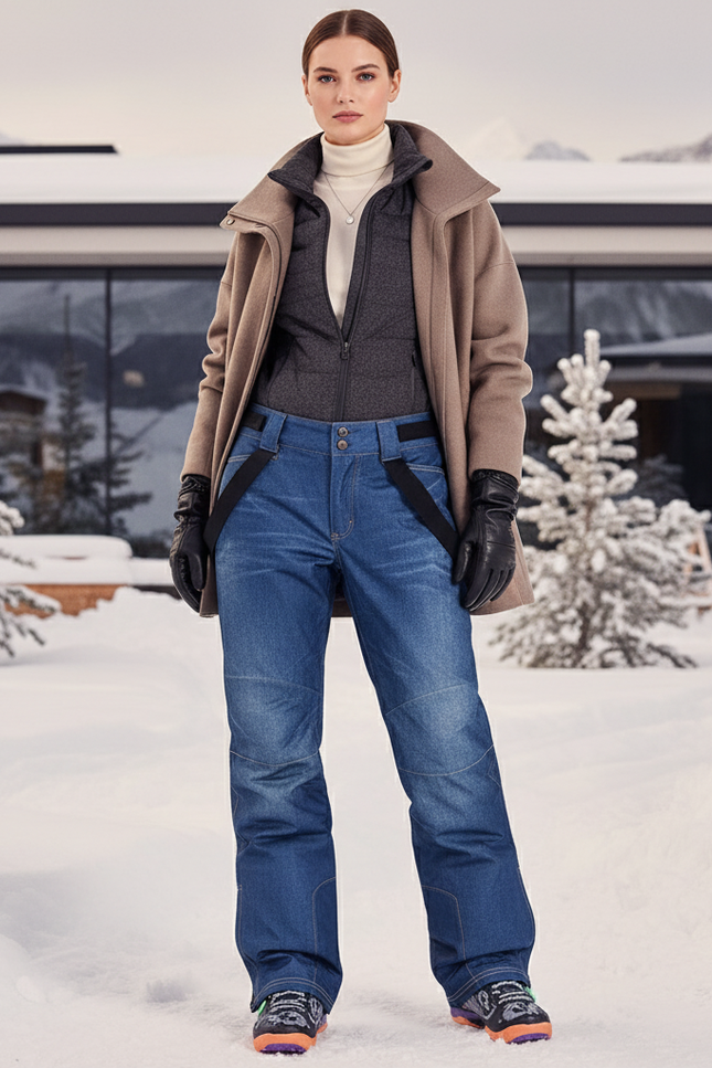 Pantalon De Ski Denim Imperméable Bretelles Femme - Bleu Jean
