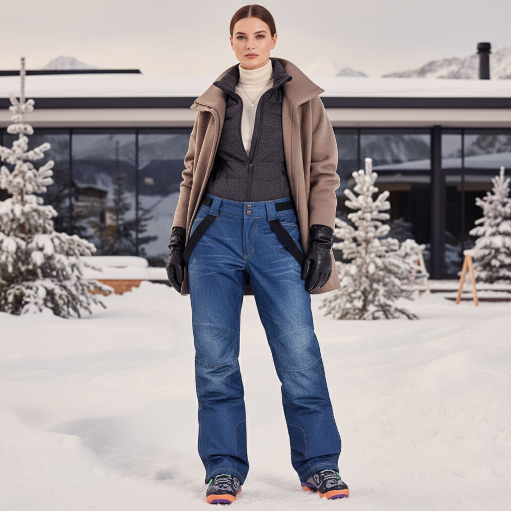 Pantalon De Ski Denim Imperméable Bretelles Femme - Bleu Jean