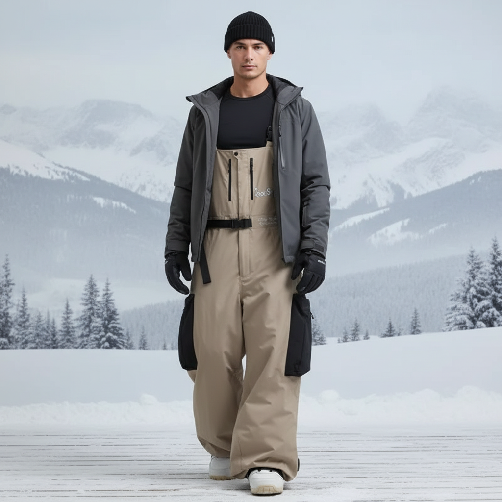 Pantalon De Ski Beige Ample Imperméable Bretelles Homme - Polyester
