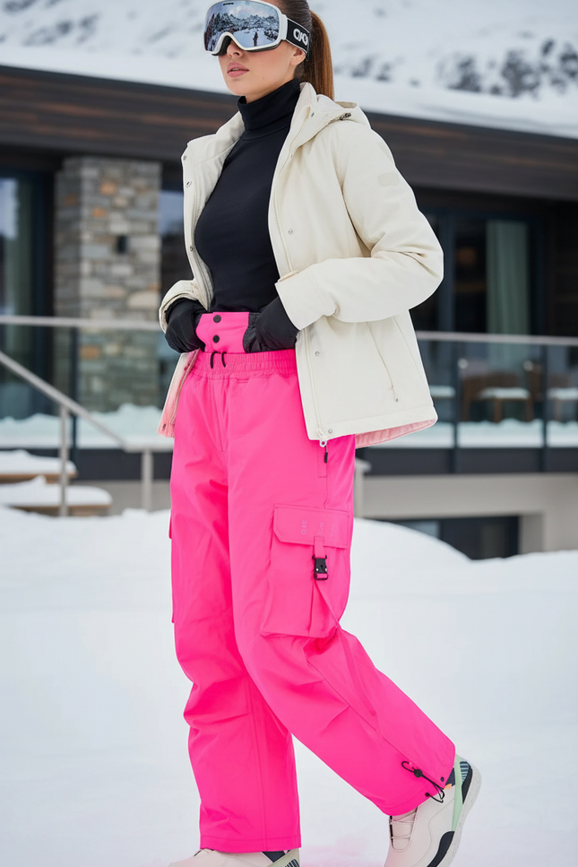 Pantalon De Ski Rose Vif Ample Imperméable Cargo Hiver - Polyester