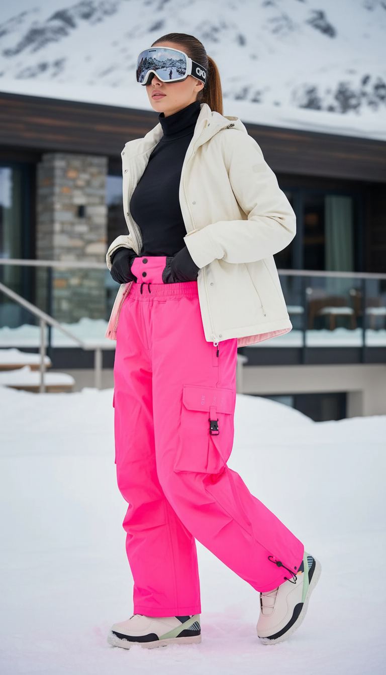 Pantalon De Ski Rose Vif Ample Imperméable Cargo Hiver - Polyester