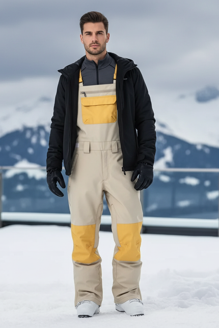 Pantalon De Ski Beige Jaune Imperméable Bretelles Homme - Polyester