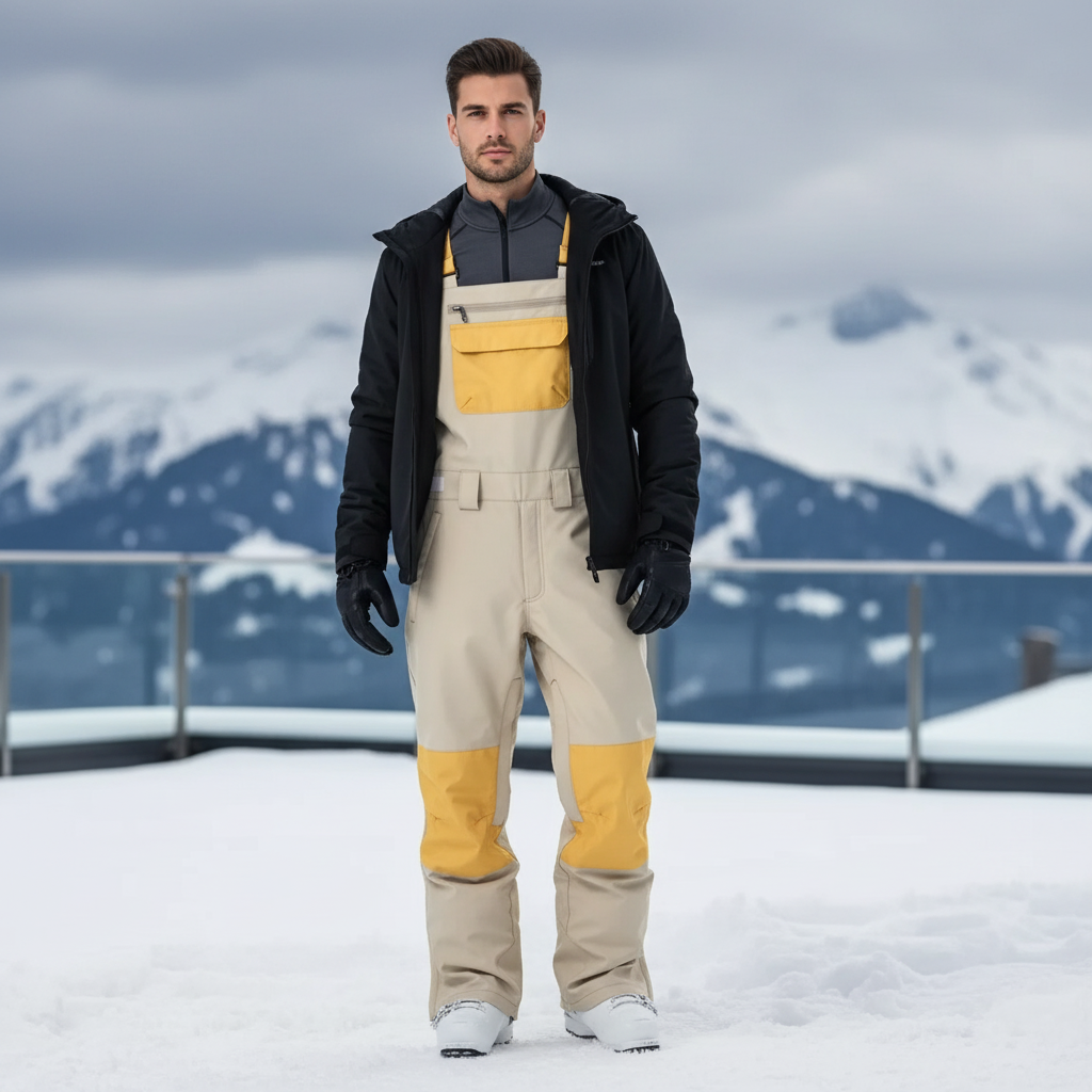 Pantalon De Ski Beige Jaune Imperméable Bretelles Homme - Polyester
