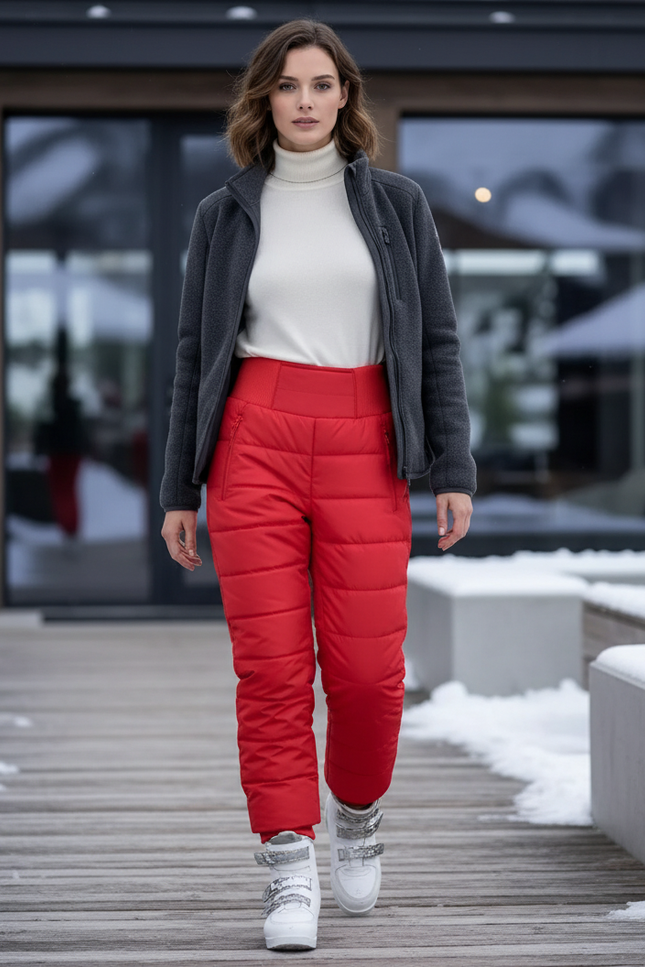 Pantalon De Ski Rouge Matelassé Imperméable Femme Élastique Taille Haute - Polyester