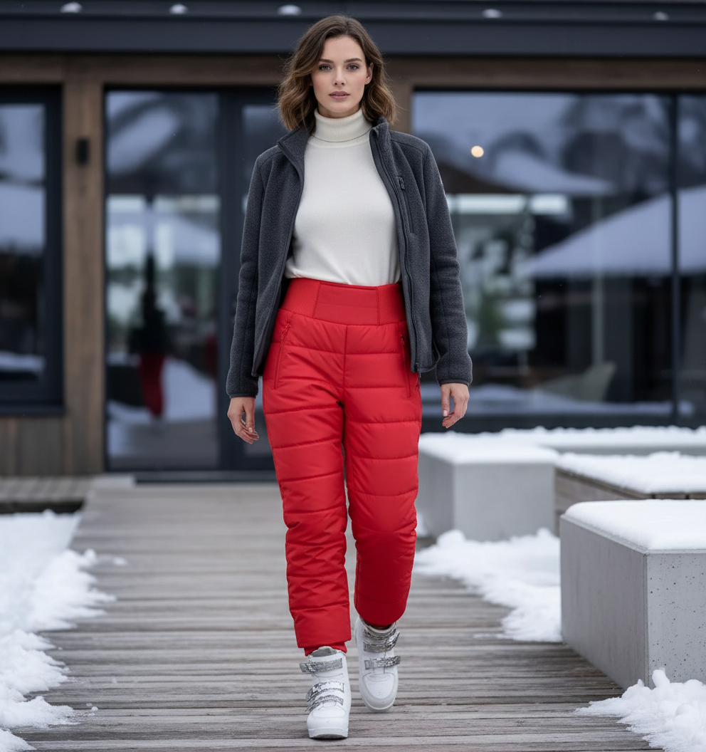 Pantalon De Ski Rouge Matelassé Imperméable Femme Élastique Taille Haute - Polyester