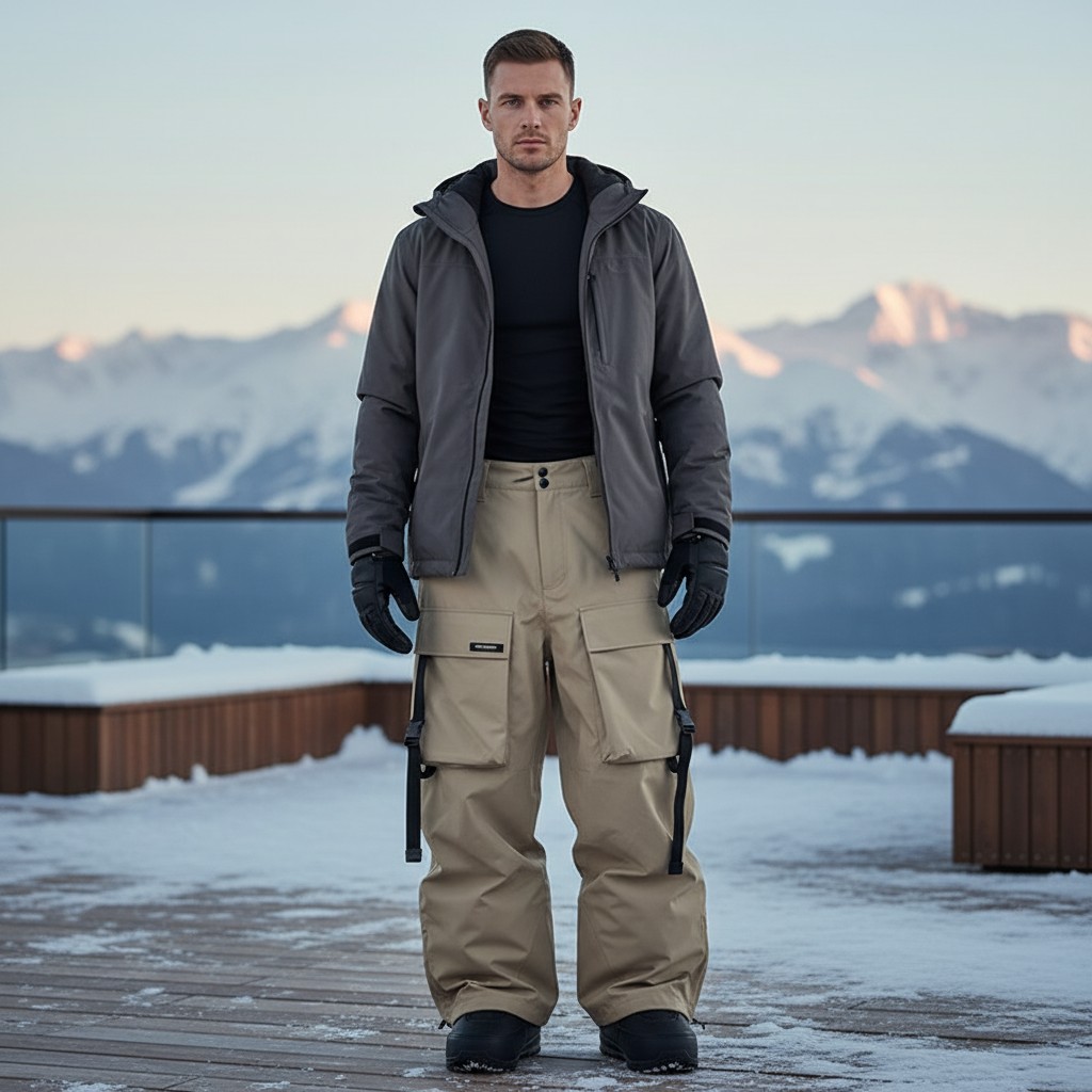 Pantalon De Ski Beige Cargo Imperméable Ample Unisexe - Polyester
