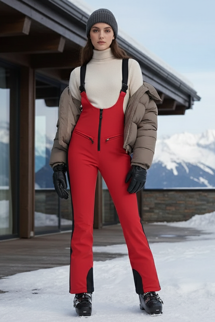Pantalon De Ski Rouge Slim Femme Bretelles - Polyester