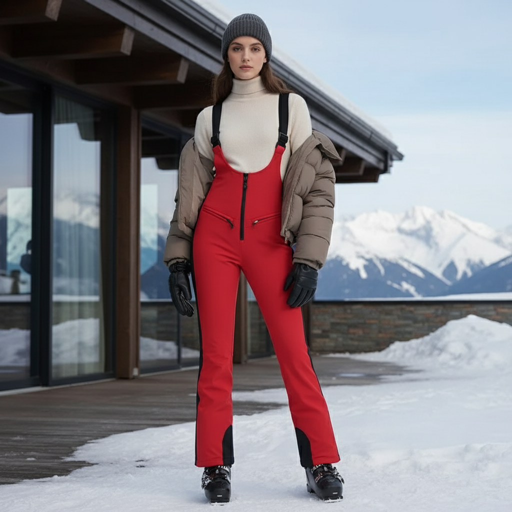 Pantalon De Ski Rouge Slim Femme Bretelles - Polyester