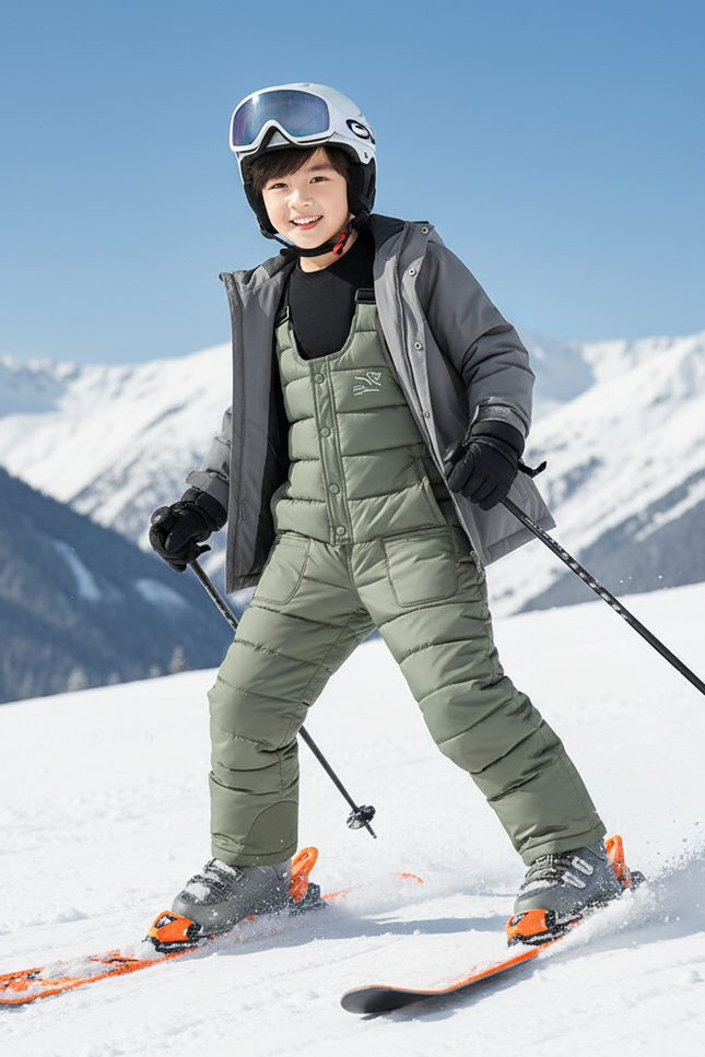 Pantalon De Ski Vert Matelassé Bretelles Enfant Hiver - Kaki Polyester - vue 3